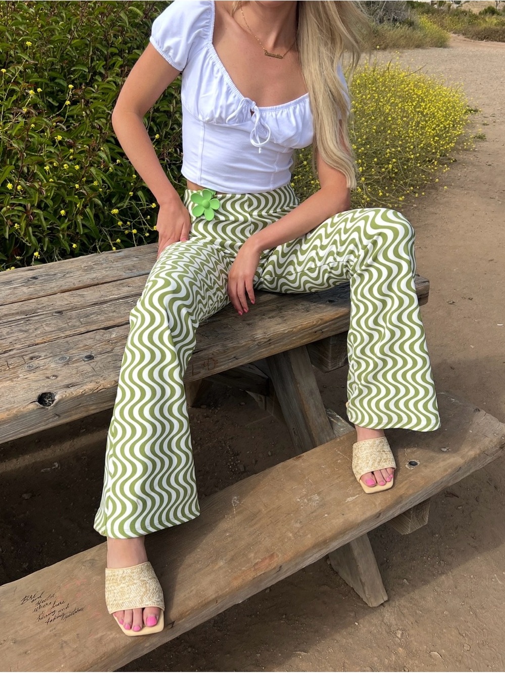 Green Wave-Print Flare Pants — Women's Stylish High-Rise Trousers Garage